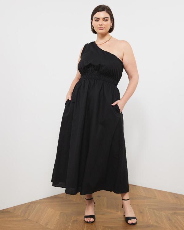 Atmos&Here Curvy - Tina x A&H  Caribbean One Shoulder Linen Blend Dress - Dresses (Black) Tina x A&H- Caribbean One Shoulder Linen Blend Dress
