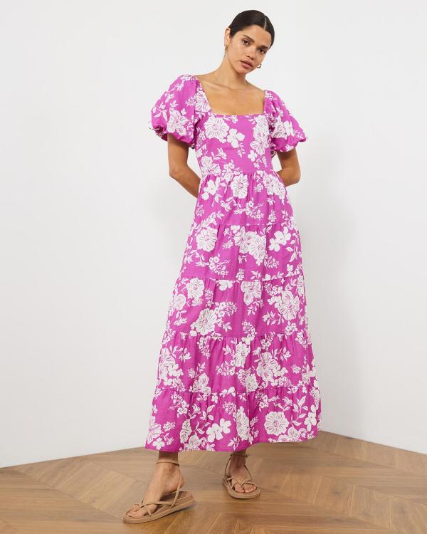 Atmos&Here - Juliet Linen Blend Tiered Maxi Dress - Printed Dresses (Violet Garden) Juliet Linen Blend Tiered Maxi Dress