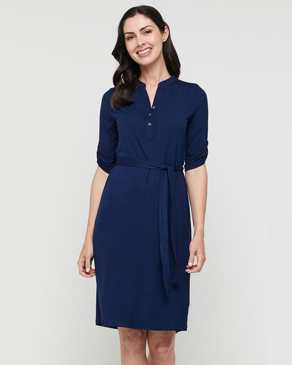 Bamboo Body - Bamboo Tab Sleeve Dress - Dresses (Navy) Bamboo Tab Sleeve Dress