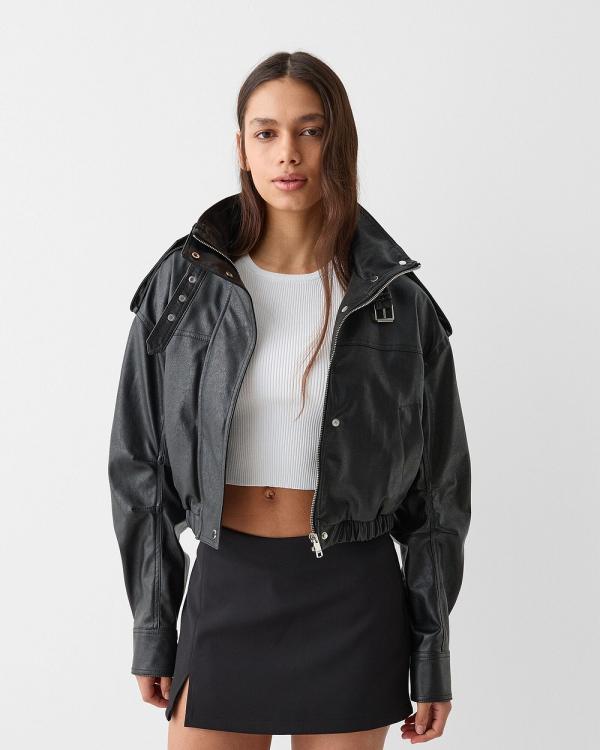 Bershka - ‘80s Leather Effect Jacket - Coats & Jackets (Black) ‘80s Leather Effect Jacket