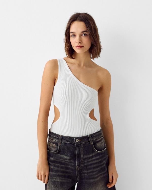 Bershka - Asymmetric Bodysuit With Cut out Detail - T-Shirts & Singlets (White) Asymmetric Bodysuit With Cut-out Detail