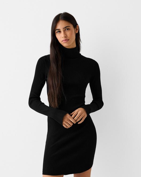 Bershka - Knit High Neck Mini Dress With Long Sleeves - Dresses (Black) Knit High Neck Mini Dress With Long Sleeves