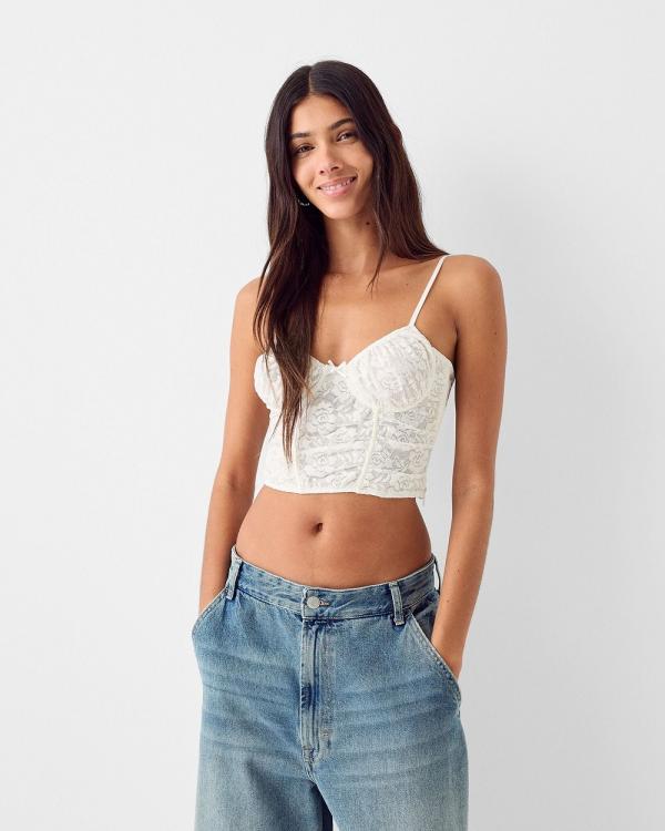 Bershka - Lace Trim Top With Straps - Tops (Off white) Lace Trim Top With Straps
