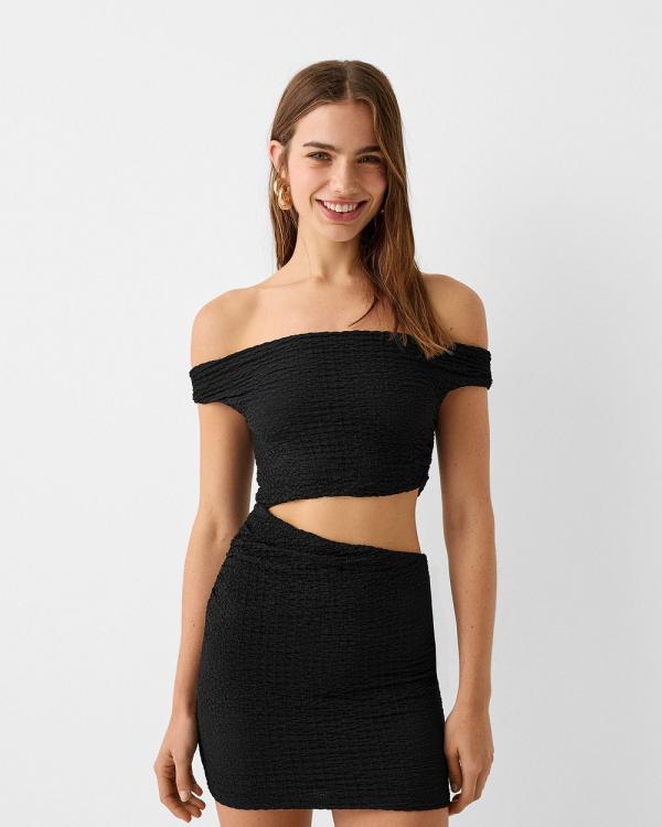Bershka - Off the shoulder Mini Dress With Cut outs - Dresses & Onesies (Black) Off-the-shoulder Mini Dress With Cut-outs