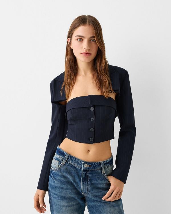 Bershka - Pinstripe Blazer - Coats & Jackets (Navy) Pinstripe Blazer