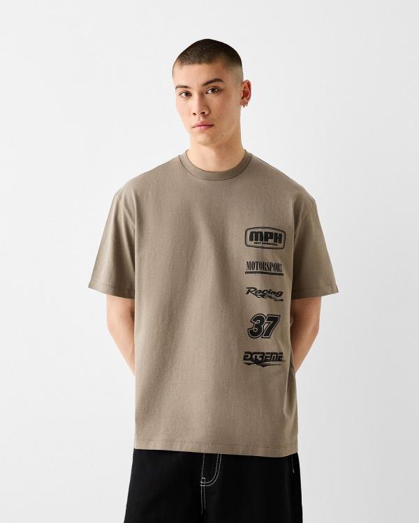 Bershka - Printed Boxy fit Short Sleeve T shirt - T-Shirts & Singlets (Brown) Printed Boxy-fit Short Sleeve T-shirt