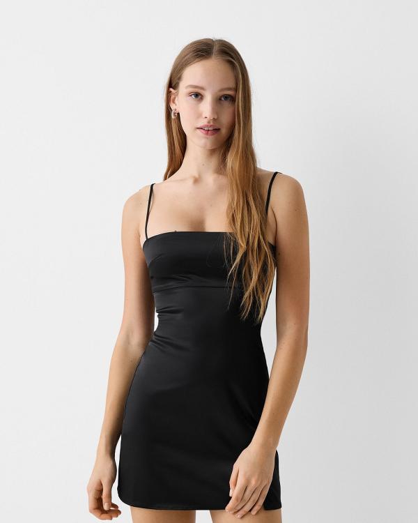 Bershka - Satin Strappy Mini Dress - Dresses & Onesies (Black) Satin Strappy Mini Dress