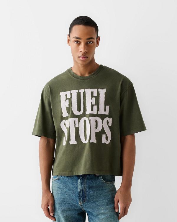 Bershka - Short Sleeve Cropped T shirt With Print - T-Shirts & Singlets (Green) Short Sleeve Cropped T-shirt With Print