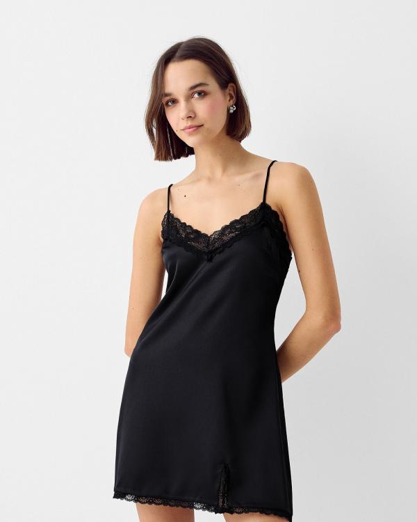 Bershka - Strappy Satin Mini Dress With Blonde Lace Details - Dresses & Onesies (Black) Strappy Satin Mini Dress With Blonde Lace Details