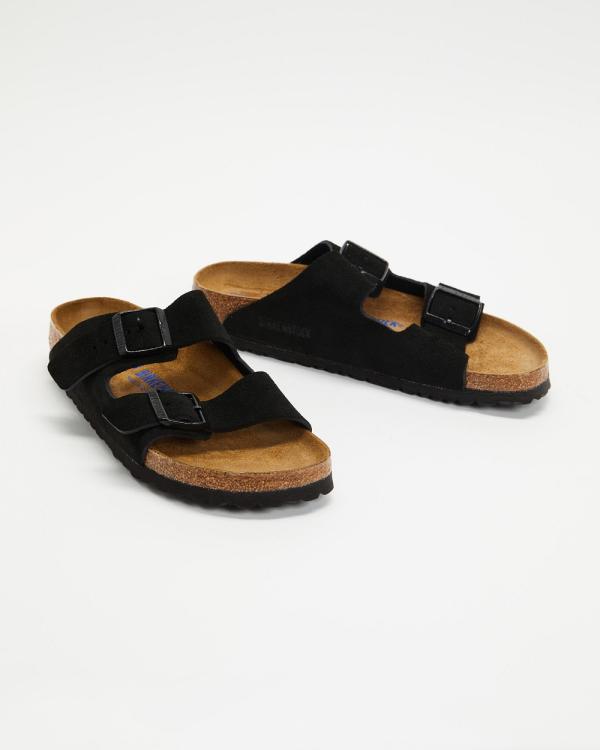 Birkenstock - Arizona Soft Footbed Suede Leather Narrow   Women's - Sandals (Black) Arizona Soft Footbed Suede Leather Narrow - Women's