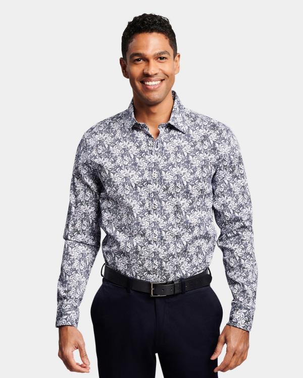 Brooksfield - Abstract Floral Print Slim Fit Dress Shirt - Shirts & Polos (Navy) Abstract Floral Print Slim Fit Dress Shirt