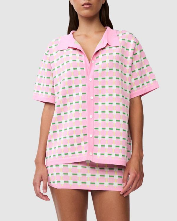BY JOHNNY. - Checker Knit Shirt - Tops (Pink, Green & Yellow) Checker Knit Shirt