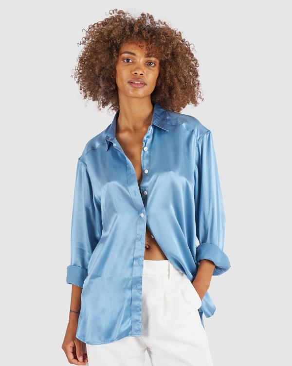 CAMIXA - Soie Satin Oversized Silk Shirt - Shirts & Polos (Blue) Soie Satin Oversized Silk Shirt