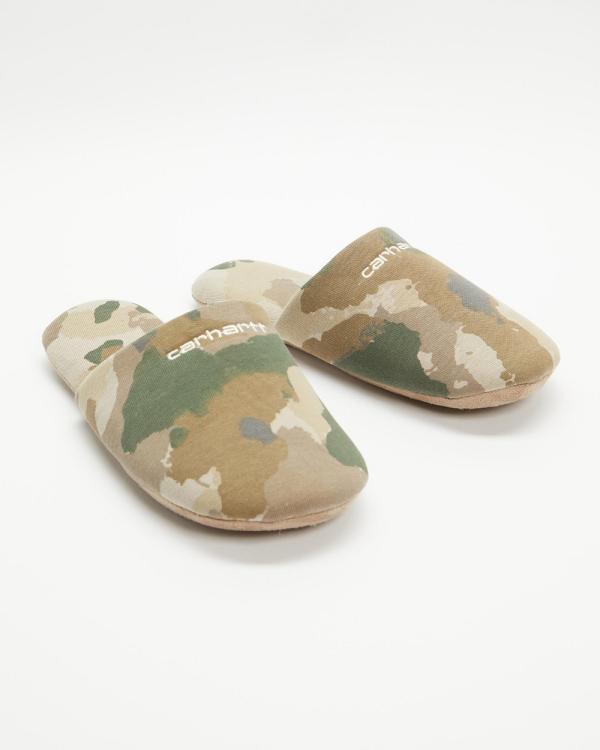 Carhartt - Script Embroidery Slippers   Unisex - Slippers & Accessories (Camo Tide Thyme & Wax) Script Embroidery Slippers - Unisex