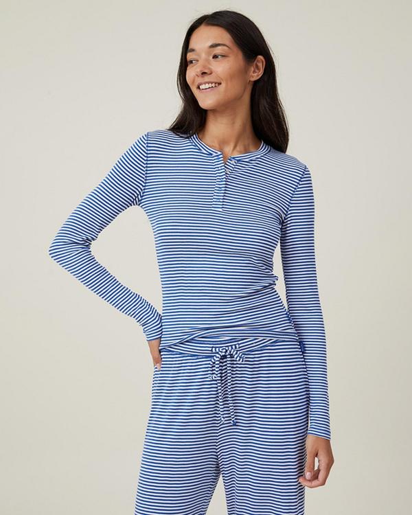 Cotton On Body - Sleep Recovery Henley Long Sleep Top - Sleepwear (Blue & White Stripe) Sleep Recovery Henley Long Sleep Top