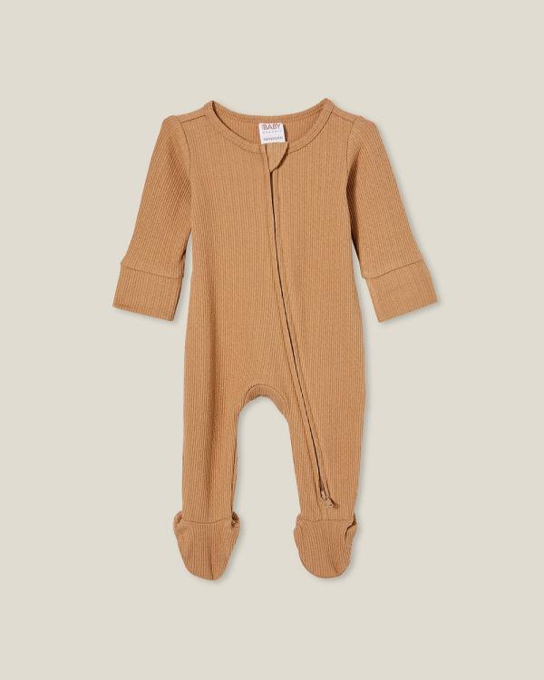 Cotton On Kids - Organic Pointelle Zip Romper - Tops (BROWN) Organic Pointelle Zip Romper