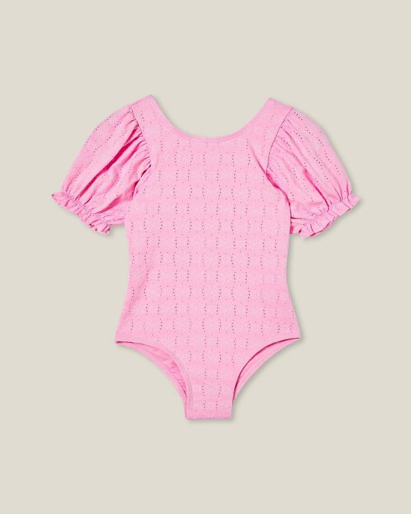 Cotton On Kids - Puff Sleeve One Piece   Babies Teens - One-Piece / Swimsuit (Cali Pink Broderie) Puff Sleeve One-Piece - Babies-Teens