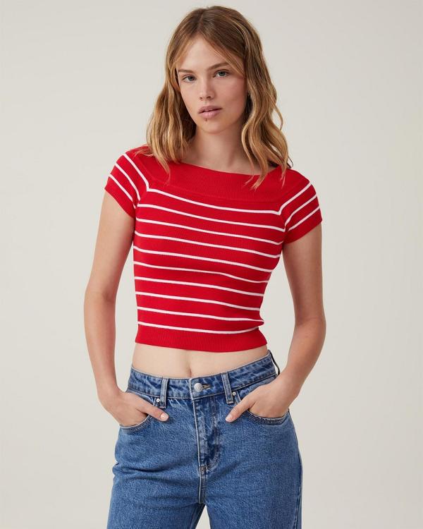 Cotton On - Rib Off Shoulder Knit Top - Tops (Crimson & White Stripe) Rib Off Shoulder Knit Top