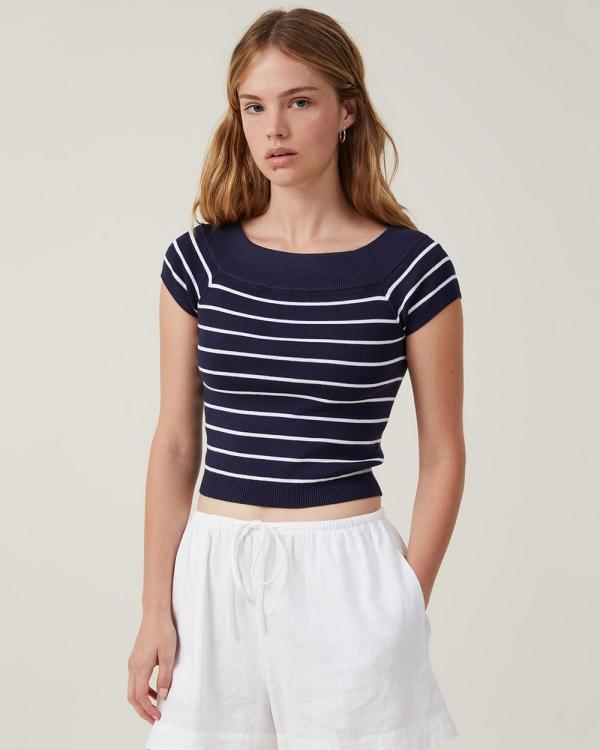 Cotton On - Rib Off Shoulder Knit Top - Tops (Deep Indigo & White Stripe) Rib Off Shoulder Knit Top