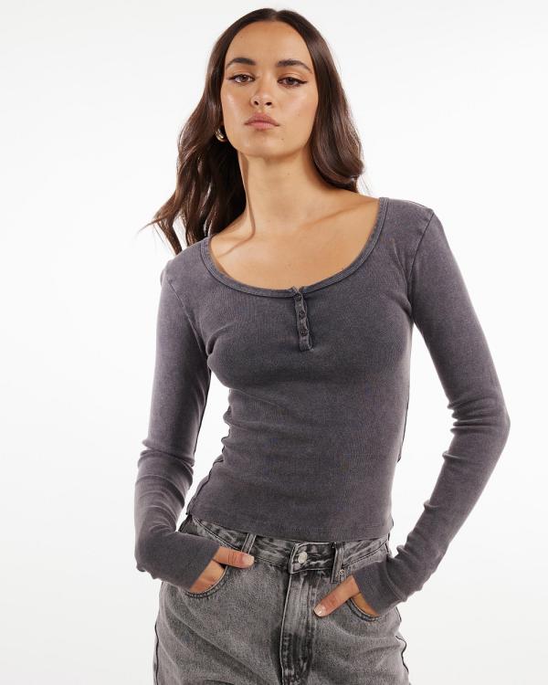 Dazie - Good Mood Long Sleeve Henley T Shirt - Tops (Grey Snow Wash) Good Mood Long Sleeve Henley T-Shirt