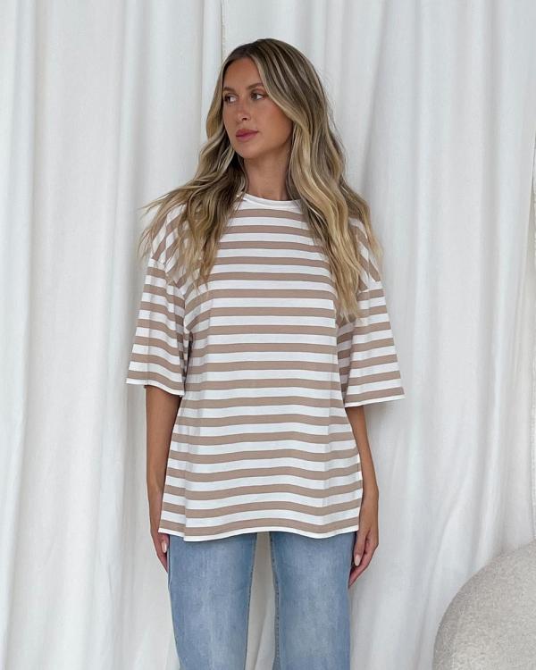 Dazie - Nostalgia Stripe Oversized Boyfriend Tee - T-Shirts & Singlets (Taupe & White) Nostalgia Stripe Oversized Boyfriend Tee