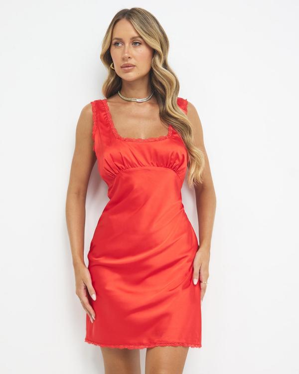Dazie - Valentina Lace Trim Satin Mini Dress - Dresses (Red) Valentina Lace Trim Satin Mini Dress