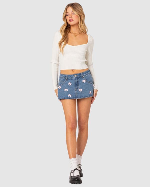 EDIKTED - Alivia Satin Bow Denim Micro Skort - Skirts (BLUE) Alivia Satin Bow Denim Micro Skort