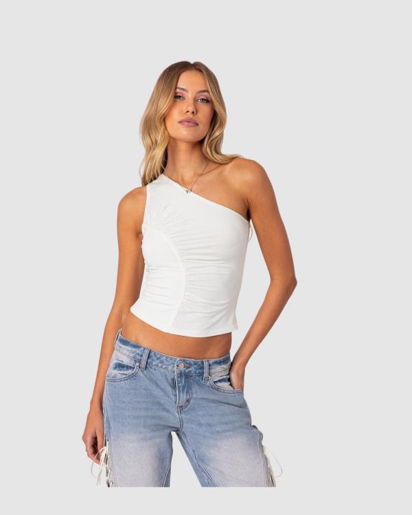EDIKTED - Ivy Ruched One Shoulder Top - Tops (WHITE) Ivy Ruched One Shoulder Top