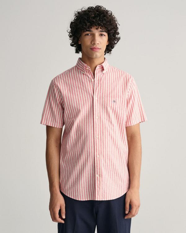 Gant - Regular Fit Striped Cotton Linen Short Sleeve Shirt - Shirts & Polos (SUNSET PINK) Regular Fit Striped Cotton Linen Short Sleeve Shirt