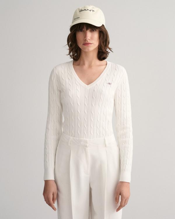 Gant - Stretch Cotton Cable V Neck Knit - Jumpers & Cardigans (EGGSHELL) Stretch Cotton Cable V-Neck Knit