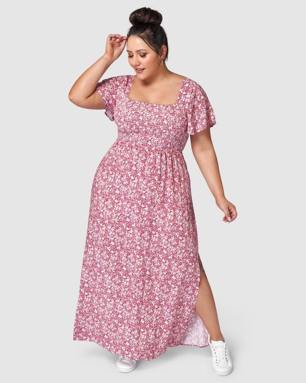 Indigo Tonic - Ivy Shirred Print Maxi Dress - Printed Dresses (Pink) Ivy Shirred Print Maxi Dress