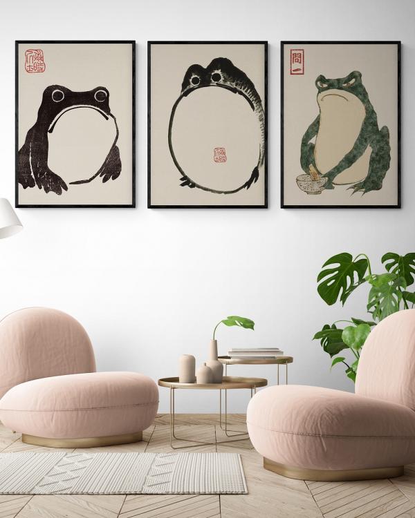 Inka Arthouse - 3x Vintage Japanese Frog Art Prints - Home (Multi) 3x Vintage Japanese Frog Art Prints
