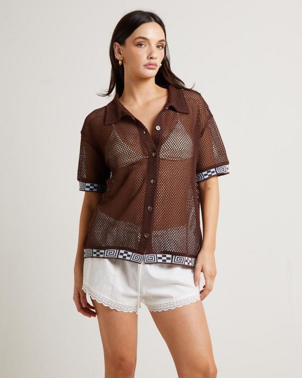 Insight - Dimension Crochet Short Sleeve Shirt - Shirts & Polos (BROWN) Dimension Crochet Short Sleeve Shirt