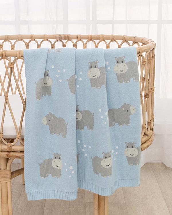 Living Textiles - Whimsical Baby Blanket   Hippo Blue - Blankets (Blue) Whimsical Baby Blanket - Hippo-Blue