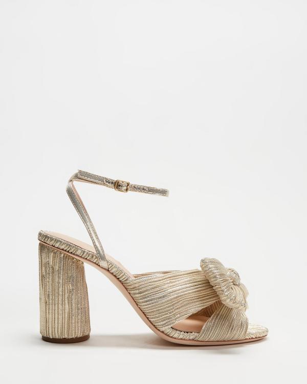 Loeffler Randall - Camellia Pleated Knot Heeled Sandal With Ankle Strap - Sandals (Platinum Lame) Camellia Pleated Knot Heeled Sandal With Ankle Strap