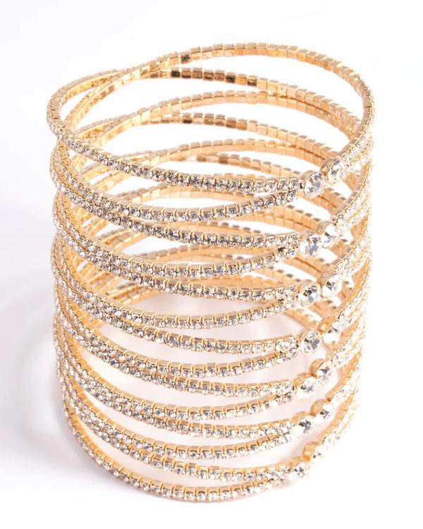 Lovisa - Gold Diamante Cross Over Eight Row Cuff Bracelet - Jewellery (Gold) Gold Diamante Cross Over Eight Row Cuff Bracelet