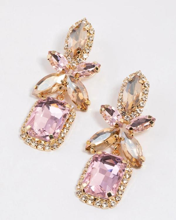 Lovisa - Gold Mixed Oval Stone Square Drop Earrings - Jewellery (Pink) Gold Mixed Oval Stone Square Drop Earrings