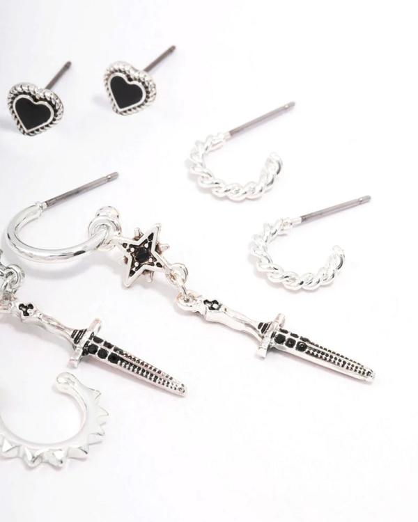 Lovisa - Silver Mixed Heart & Rose Earring 5 Pack - Jewellery (Black) Silver Mixed Heart & Rose Earring 5-Pack