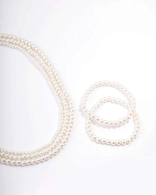 Lovisa - Silver Pearl Layered Necklace & Bracelet Set - Jewellery (White) Silver Pearl Layered Necklace & Bracelet Set