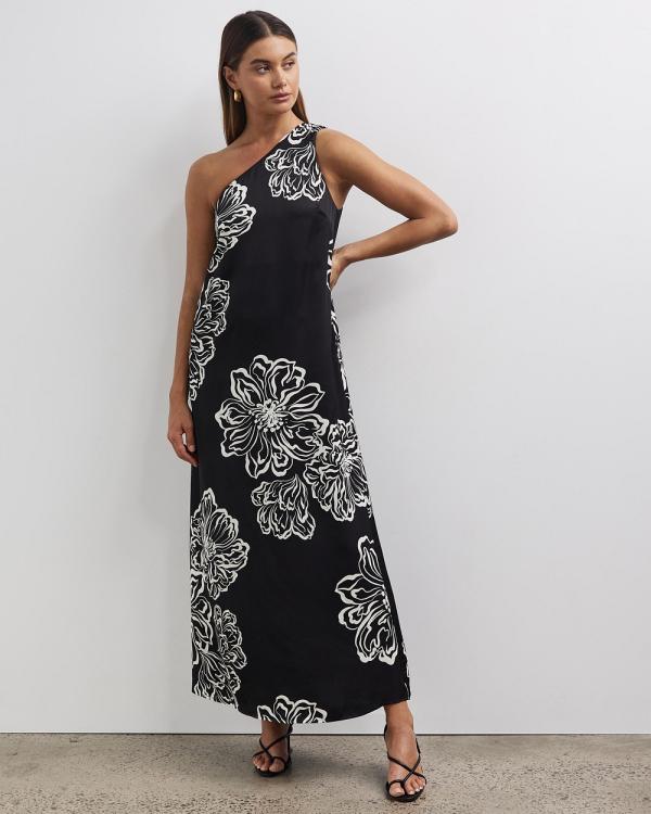 Minima Esenciales - Besiana One Shoulder Maxi Dress - Printed Dresses (Black Floral Print) Besiana One Shoulder Maxi Dress