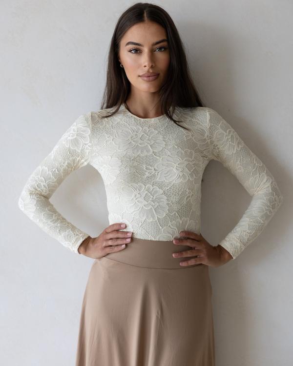 Mod Squad - Luxe Long Sleeve Lace Bodysuit Base Layer - Tops (Beige) Luxe Long Sleeve Lace Bodysuit Base Layer
