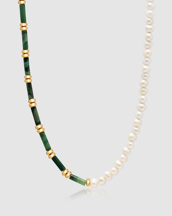 Nialaya Jewellery - Beaded Necklace with Freshwater Pearls and Green Jade - Jewellery (GREEN) Beaded Necklace with Freshwater Pearls and Green Jade