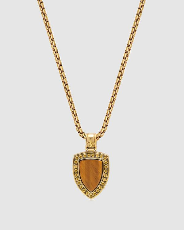 Nialaya Jewellery - Gold Necklace With Brown Tiger Eye Shield Pendant - Jewellery (Gold) Gold Necklace With Brown Tiger Eye Shield Pendant