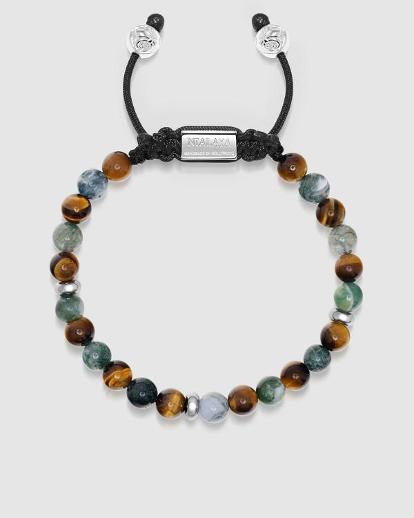 Nialaya Jewellery - Men's Beaded Bracelet with Aquatic Agate, Brown Tiger Eye and Silver - Jewellery (BROWN) Men's Beaded Bracelet with Aquatic Agate, Brown Tiger Eye and Silver