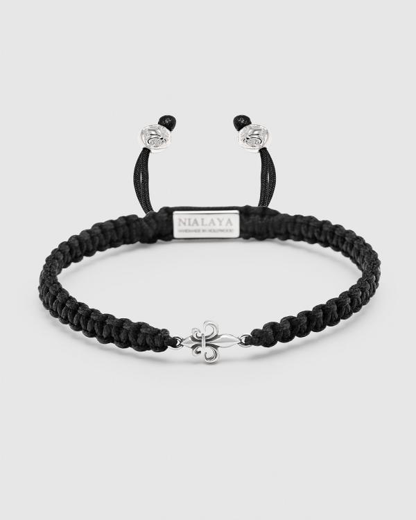 Nialaya Jewellery - Men's Black String Bracelet With Silver Fleur De Lis - Jewellery (Black) Men's Black String Bracelet With Silver Fleur De Lis