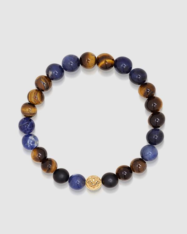 Nialaya Jewellery - Men's Wristband with Blue Dumortierite, Brown Tiger Eye and Gold - Jewellery (Blue Dumortierite & Brown Tiger Eye) Men's Wristband with Blue Dumortierite, Brown Tiger Eye and Gold