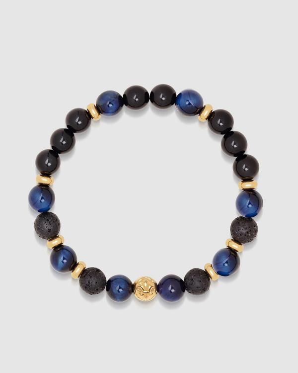 Nialaya Jewellery - Men's Wristband with Blue Tiger Eye, Black Agate, Lava Stone and Gold - Jewellery (Blue) Men's Wristband with Blue Tiger Eye, Black Agate, Lava Stone and Gold