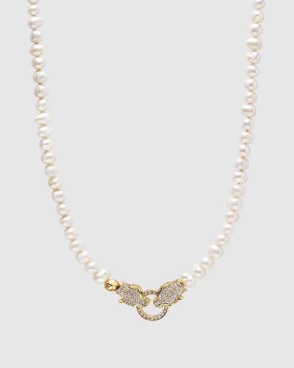 Nialaya Jewellery - Pearl Choker with Double Panther Head in Gold - Jewellery (Gold) Pearl Choker with Double Panther Head in Gold