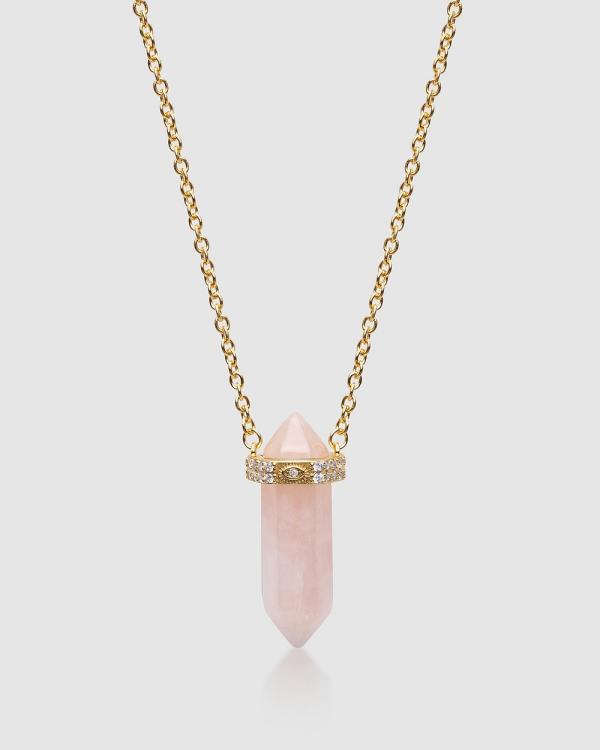 Nialaya Jewellery - Rose Quartz Crystal Necklace with Engraved Evil Eye Detail - Jewellery (Gold) Rose Quartz Crystal Necklace with Engraved Evil Eye Detail