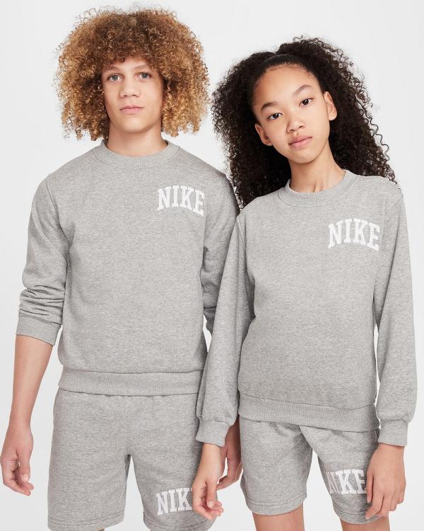 Nike - French Terry Crewneck Sweatshirt   Kids Teens - Sweats (Dark Grey Heather & White) French Terry Crewneck Sweatshirt - Kids-Teens